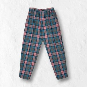 Vintage Pink and Blue Plaid Women’s High-Waisted Pants w/ Pockets
